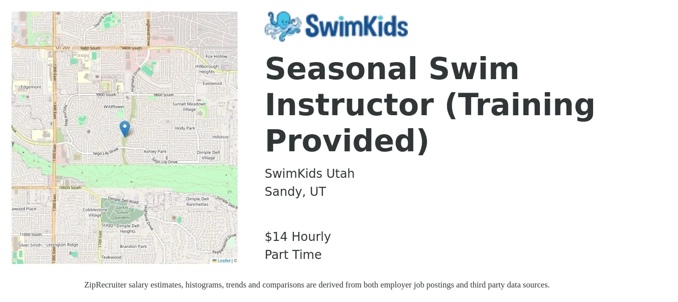SwimKids Utah job posting for a Seasonal Swim Instructor (Training Provided) in Sandy, UT with a salary of $15 Hourly with a map of Sandy location.