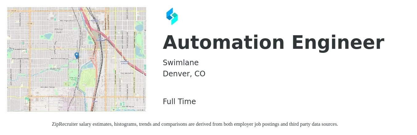 Swimlane job posting for a Automation Engineer in Denver, CO with a salary of $100,000 to $130,000 Yearly with a map of Denver location.