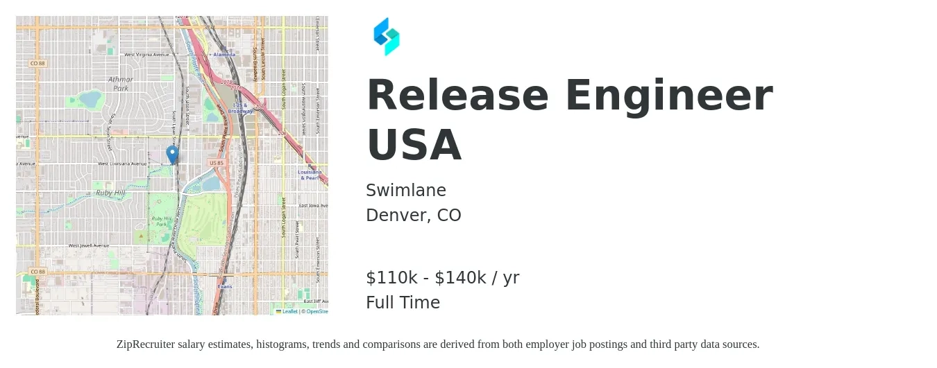 Swimlane job posting for a Release Engineer USA in Denver, CO with a salary of $110,000 to $140,000 Yearly with a map of Denver location.
