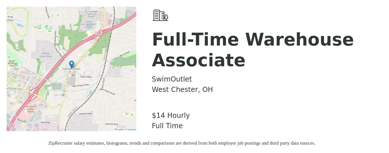 SwimOutlet job posting for a Full-Time Warehouse Associate in West Chester, OH with a salary of $15 Hourly with a map of West Chester location.