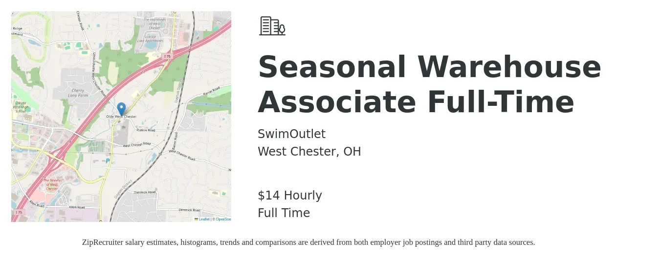 SwimOutlet job posting for a Seasonal Warehouse Associate Full-Time in West Chester, OH with a salary of $15 Hourly with a map of West Chester location.