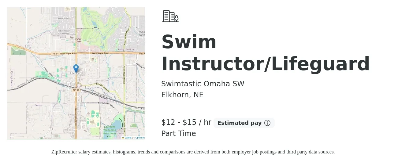 Swimtastic Omaha SW job posting for a Swim Instructor/Lifeguard in Elkhorn, NE with a salary of $13 to $16 Hourly with a map of Elkhorn location.