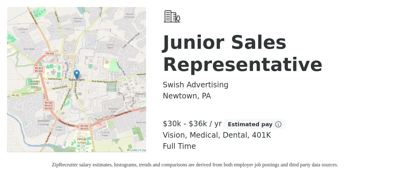 Swish Advertising job posting for a Junior Sales Representative in Newtown, PA with a salary of $30,000 to $36,000 Yearly (plus commission) and benefits including dental, medical, vision, and 401k with a map of Newtown location.