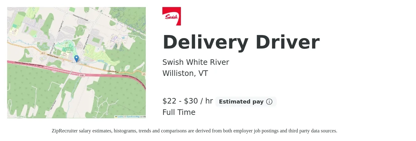 Swish White River job posting for a Delivery Driver in Williston, VT with a salary of $23 to $32 Hourly with a map of Williston location.