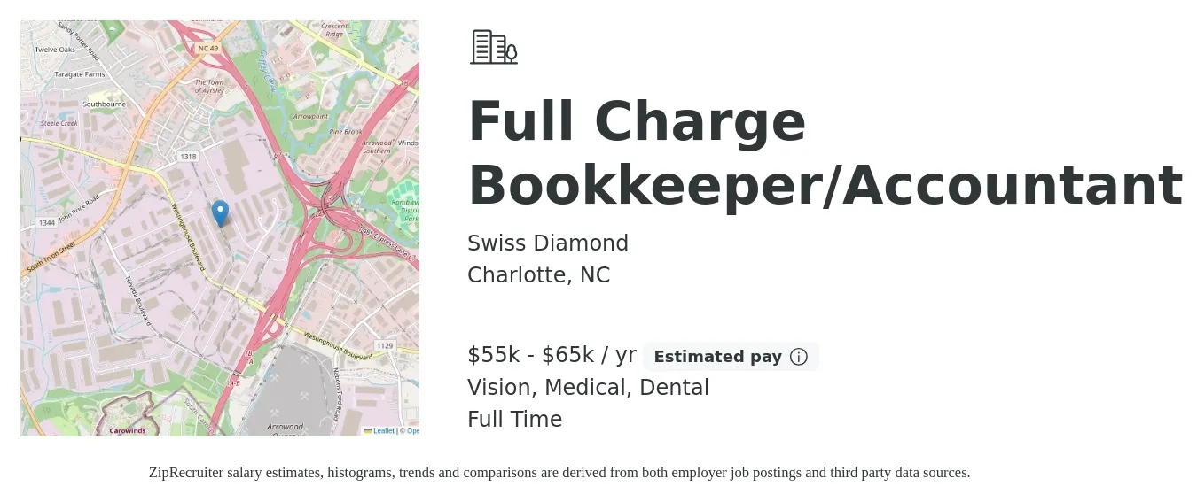 Swiss Diamond job posting for a Full Charge Bookkeeper/Accountant in Charlotte, NC with a salary of $55,000 to $65,000 Yearly and benefits including retirement, vision, dental, and medical with a map of Charlotte location.