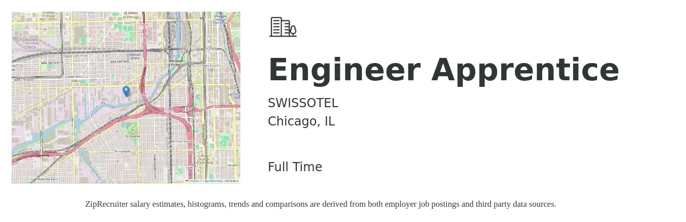 SWISSOTEL job posting for a Engineer Apprentice in Chicago, IL with a salary of $53,600 to $76,700 Yearly with a map of Chicago location.