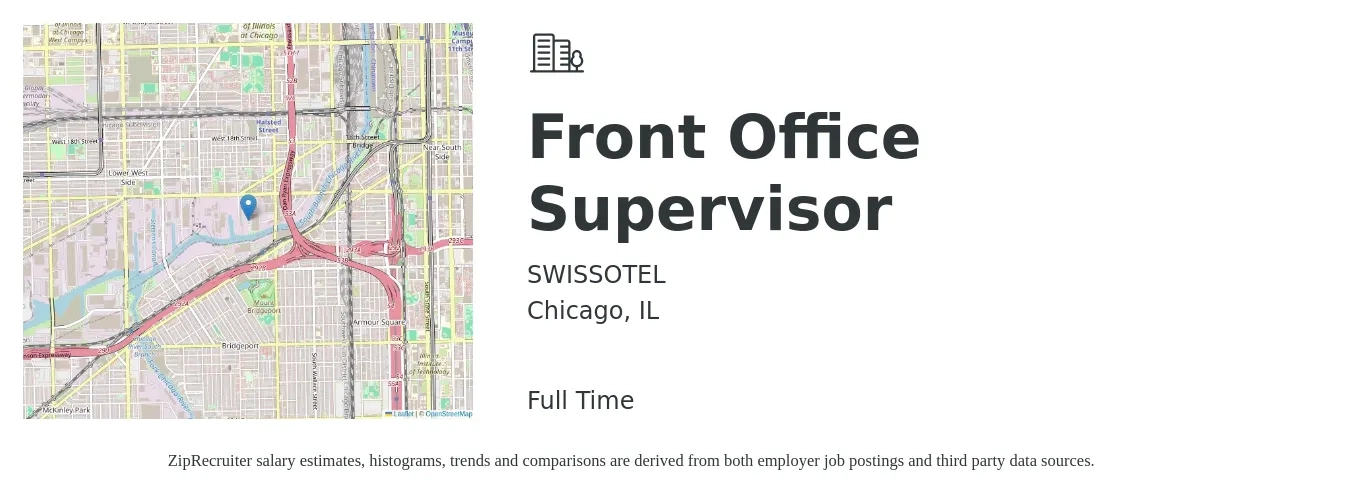 SWISSOTEL job posting for a Front Office Supervisor in Chicago, IL with a salary of $20 to $30 Hourly with a map of Chicago location.