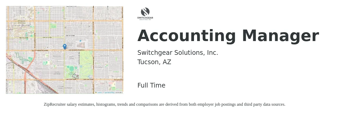 Switchgear Solutions, Inc. job posting for a Accounting Manager in Tucson, AZ with a salary of $71,000 to $101,900 Yearly with a map of Tucson location.
