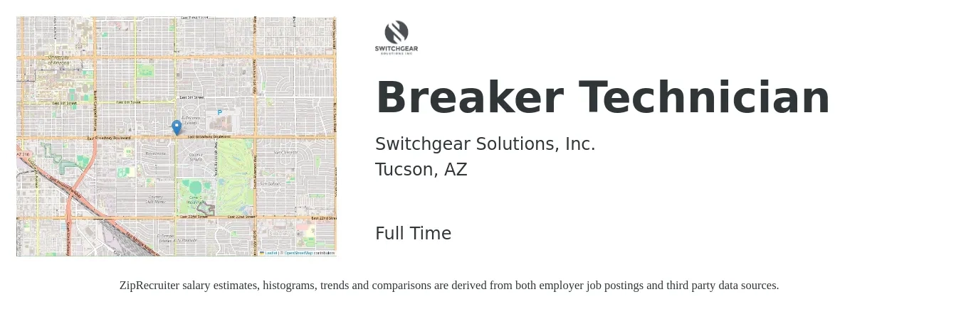Switchgear Solutions, Inc. job posting for a Breaker Technician in Tucson, AZ with a salary of $36,800 to $55,000 Yearly with a map of Tucson location.