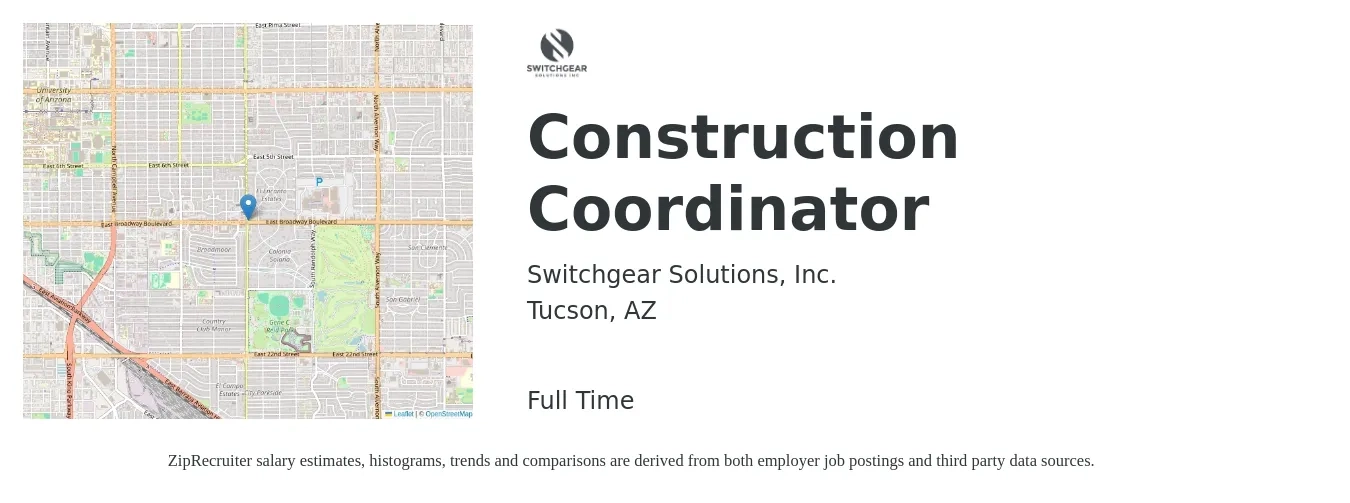 Switchgear Solutions, Inc. job posting for a Construction Coordinator in Tucson, AZ with a salary of $20 to $32 Hourly with a map of Tucson location.