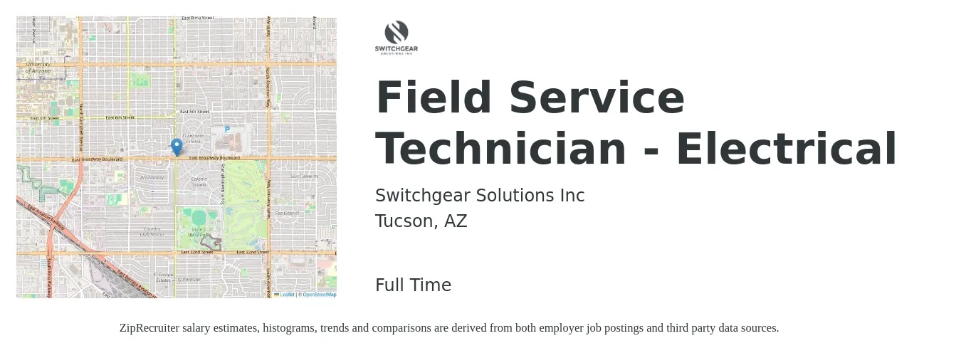 Switchgear Solutions, Inc. job posting for a Field Service Technician - Electrical in Tucson, AZ with a salary of $18 to $27 Hourly with a map of Tucson location.