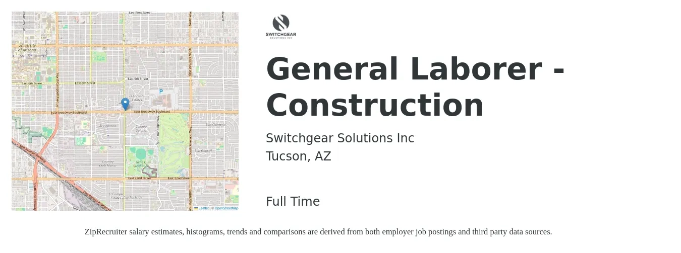 Switchgear Solutions, Inc. job posting for a General Laborer - Construction in Tucson, AZ with a salary of $16 to $21 Hourly with a map of Tucson location.