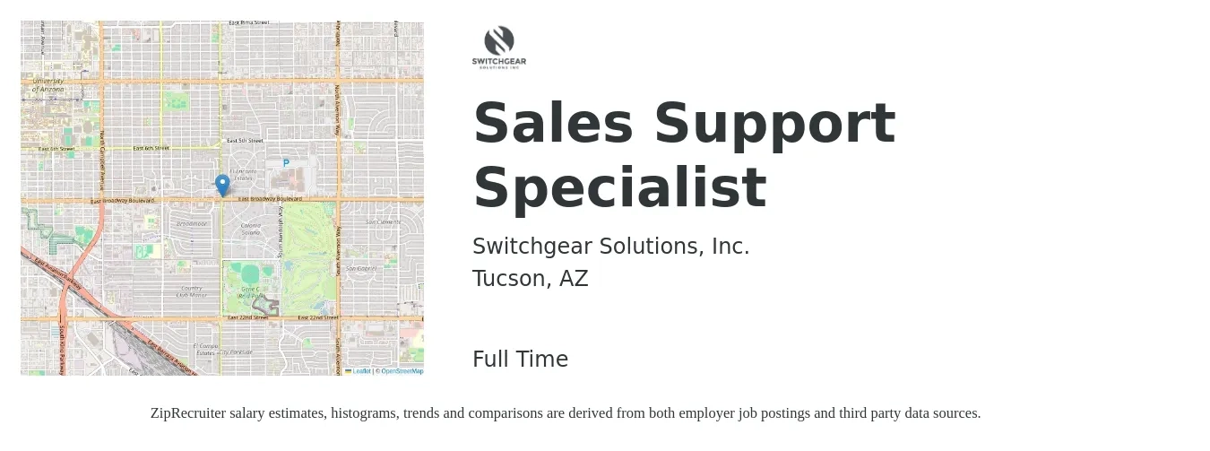 Switchgear Solutions, Inc. job posting for a Sales Support Specialist in Tucson, AZ with a salary of $20 to $28 Hourly with a map of Tucson location.