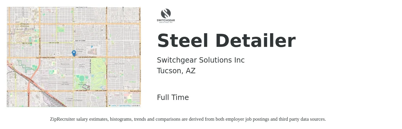 Switchgear Solutions, Inc. job posting for a Steel Detailer in Tucson, AZ with a salary of $50,900 to $63,200 Yearly with a map of Tucson location.