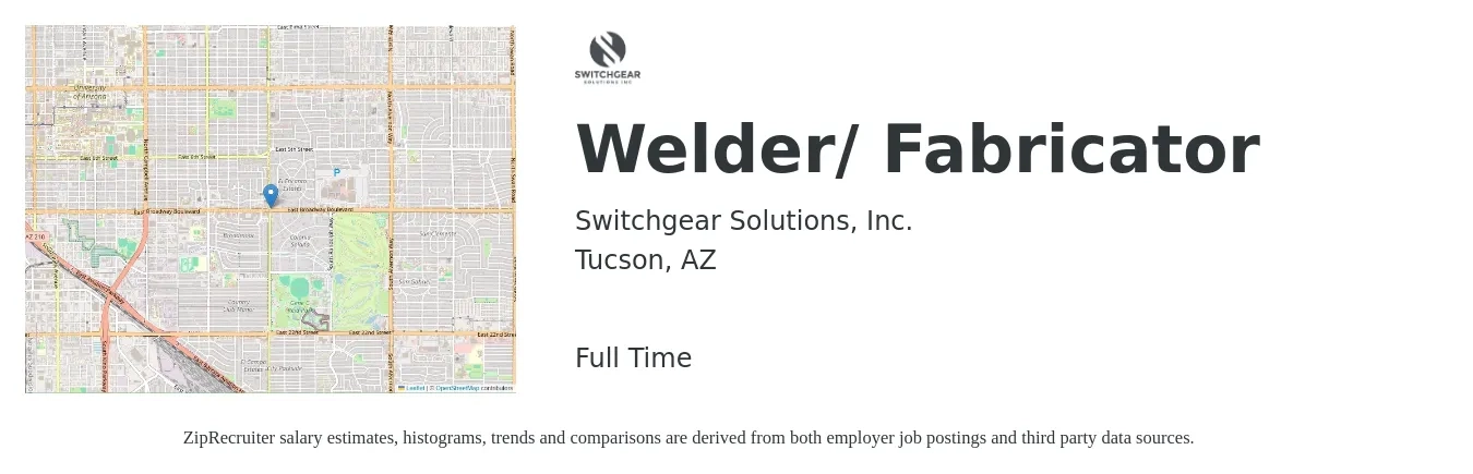 Switchgear Solutions, Inc. job posting for a Welder/ Fabricator in Tucson, AZ with a salary of $18 to $24 Hourly with a map of Tucson location.