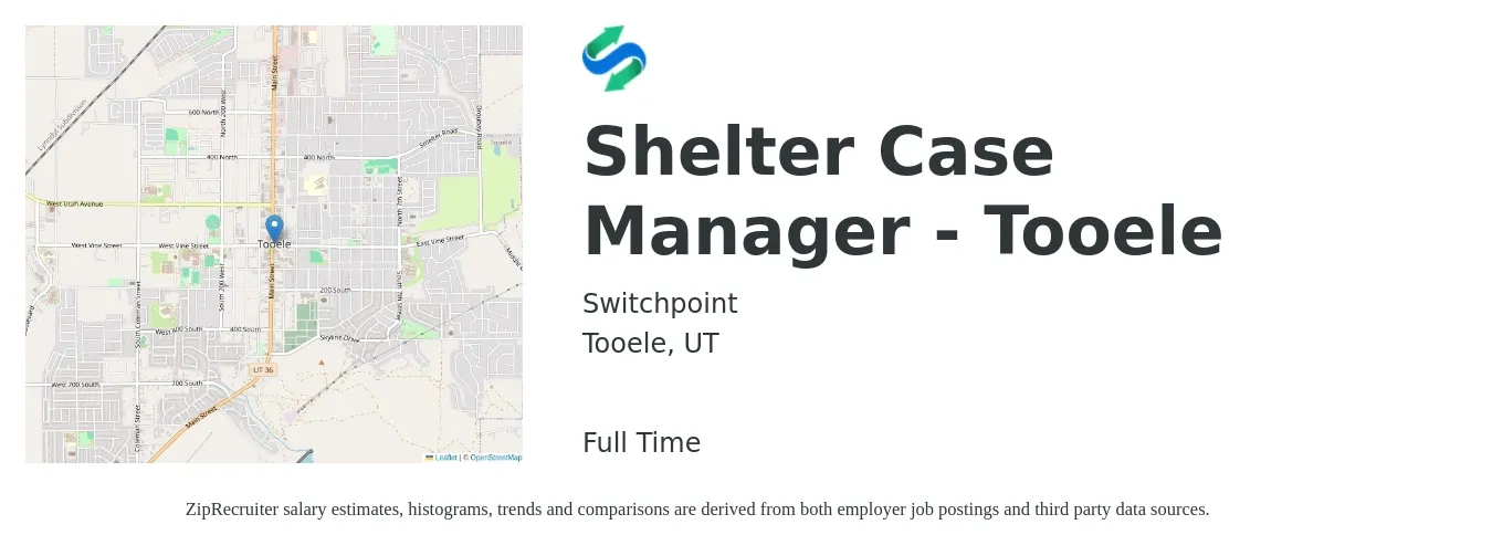 Switchpoint job posting for a Shelter Case Manager - Tooele in Tooele, UT with a salary of $18 to $21 Hourly with a map of Tooele location.