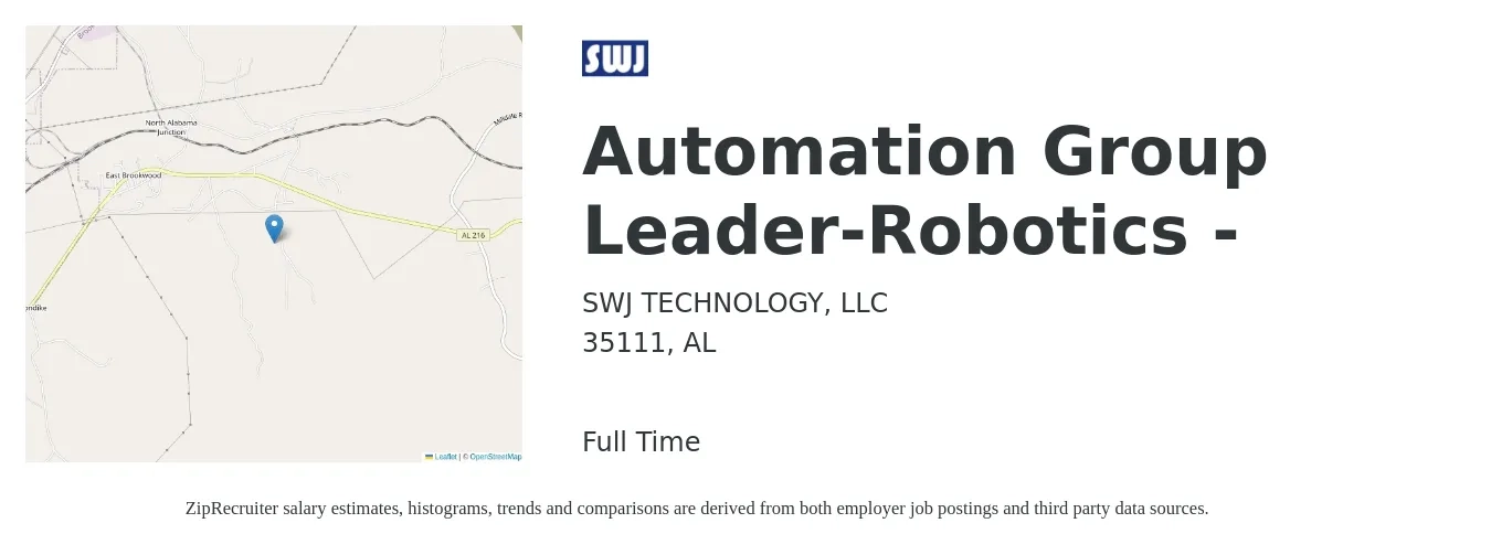 SWJ TECHNOLOGY, LLC job posting for a Automation Group Leader-Robotics - in 35111, AL with a salary of $20 to $30 Hourly with a map of 35111 location.