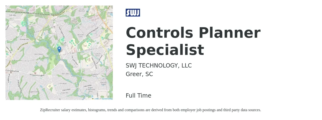 SWJ TECHNOLOGY, LLC job posting for a Controls Planner Specialist in Greer, SC with a salary of $36 to $51 Hourly with a map of Greer location.