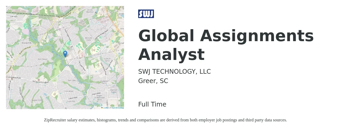 SWJ TECHNOLOGY, LLC job posting for a Global Assignments Analyst in Greer, SC with a salary of $66,300 to $95,700 Yearly with a map of Greer location.