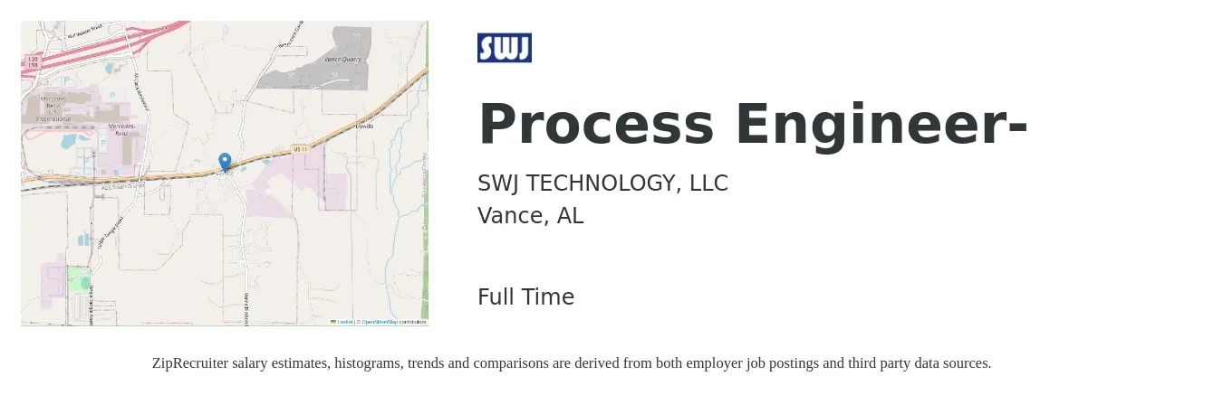 SWJ TECHNOLOGY, LLC job posting for a Process Engineer- in Vance, AL with a salary of $66,800 to $92,400 Yearly with a map of Vance location.