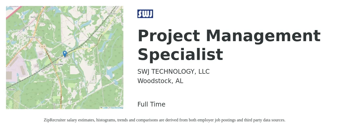 SWJ TECHNOLOGY, LLC job posting for a Project Management Specialist in Woodstock, AL with a salary of $59,100 to $94,900 Yearly with a map of Woodstock location.