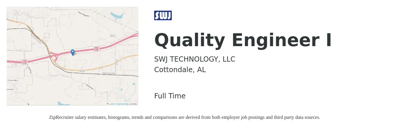 SWJ TECHNOLOGY, LLC job posting for a Quality Engineer I in Cottondale, AL with a salary of $63,600 to $82,200 Yearly with a map of Cottondale location.