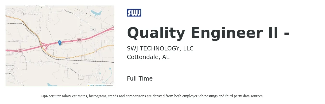SWJ TECHNOLOGY, LLC job posting for a Quality Engineer II - in Cottondale, AL with a salary of $63,600 to $82,200 Yearly with a map of Cottondale location.