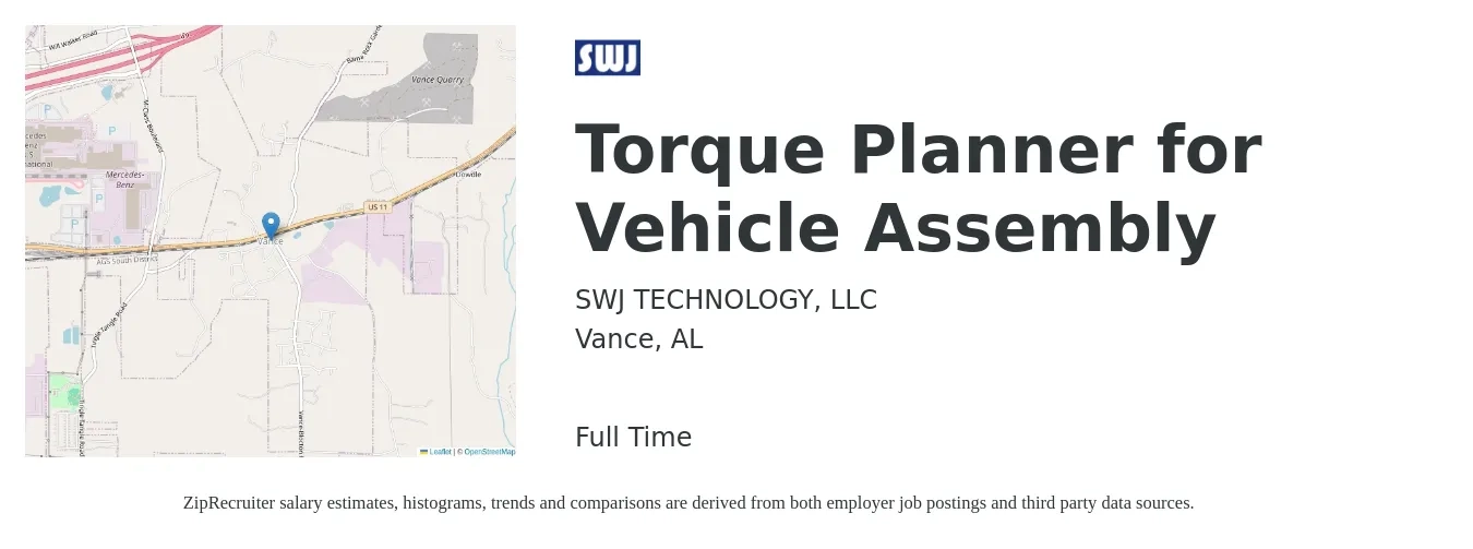 SWJ TECHNOLOGY, LLC job posting for a Torque Planner for Vehicle Assembly in Vance, AL with a salary of $34 to $43 Hourly with a map of Vance location.