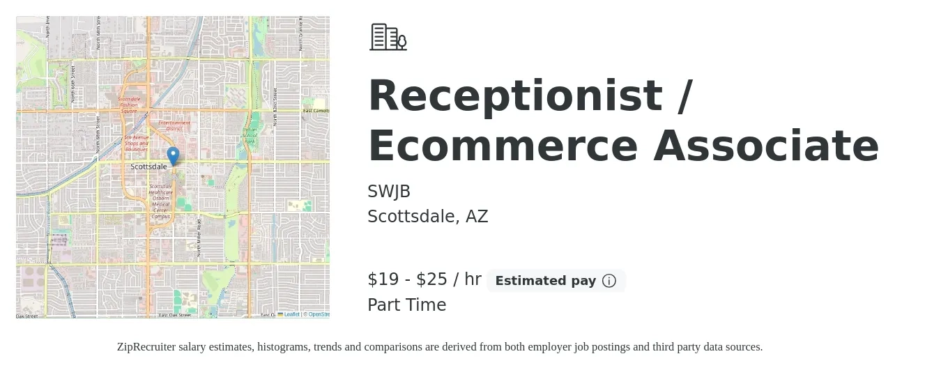 SWJB job posting for a Receptionist / Ecommerce Associate in Scottsdale, AZ with a salary of $20 to $26 Hourly with a map of Scottsdale location.