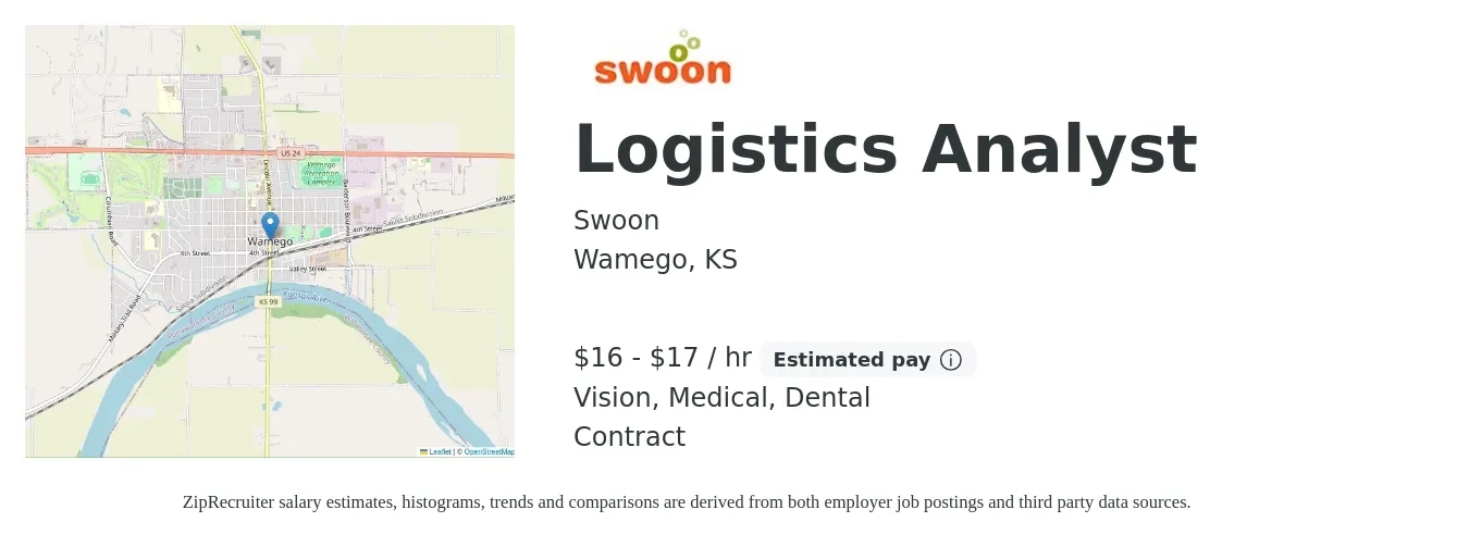 Swoon job posting for a Logistics Analyst in Wamego, KS with a salary of $17 to $18 Hourly and benefits including dental, life_insurance, medical, and vision with a map of Wamego location.