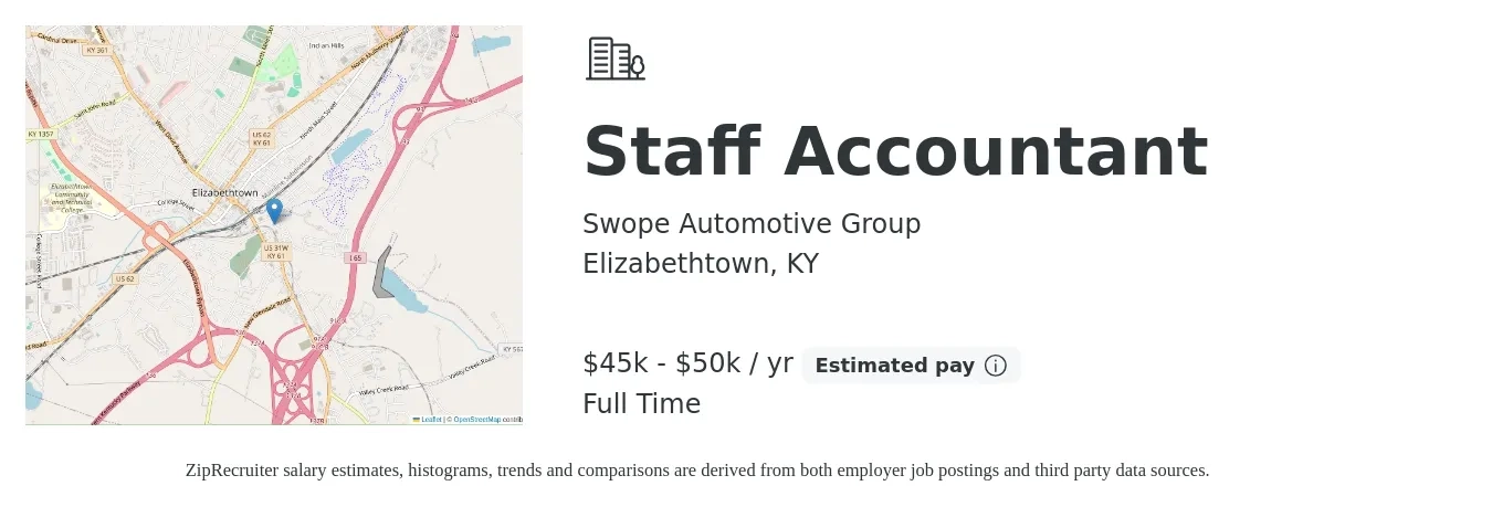 Swope Automotive Group job posting for a Staff Accountant in Elizabethtown, KY with a salary of $45,000 to $50,000 Yearly with a map of Elizabethtown location.