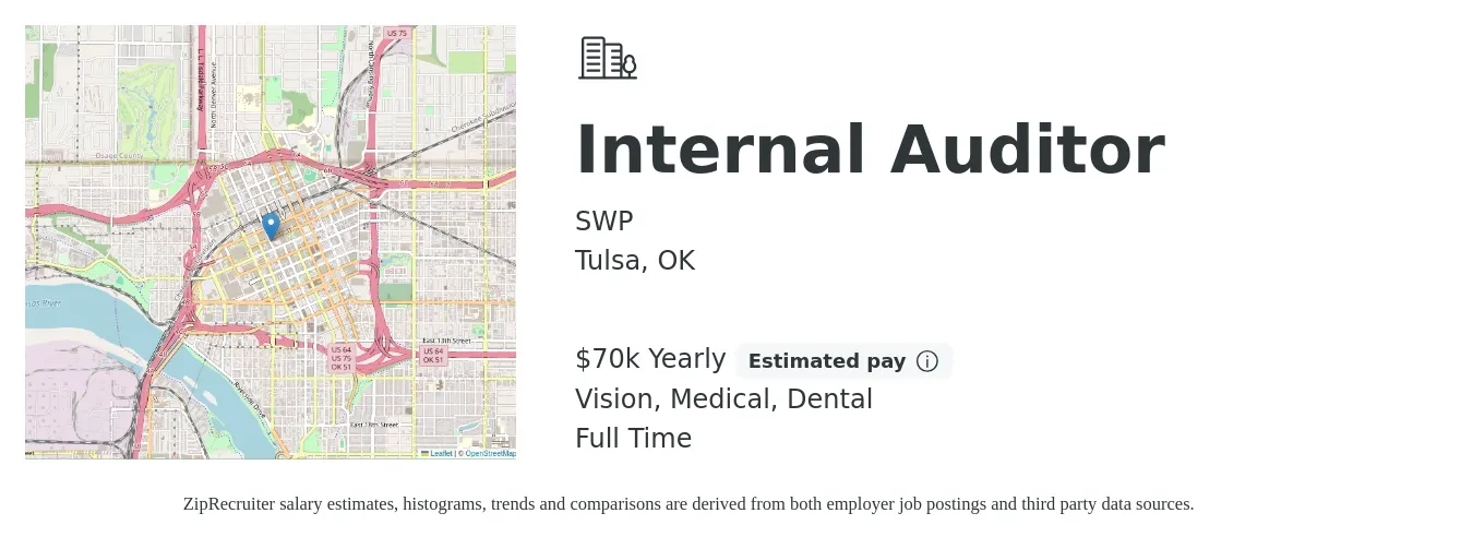 SWP job posting for a Internal Auditor in Tulsa, OK with a salary of $70,000 Yearly and benefits including vision, dental, life_insurance, medical, pto, and retirement with a map of Tulsa location.