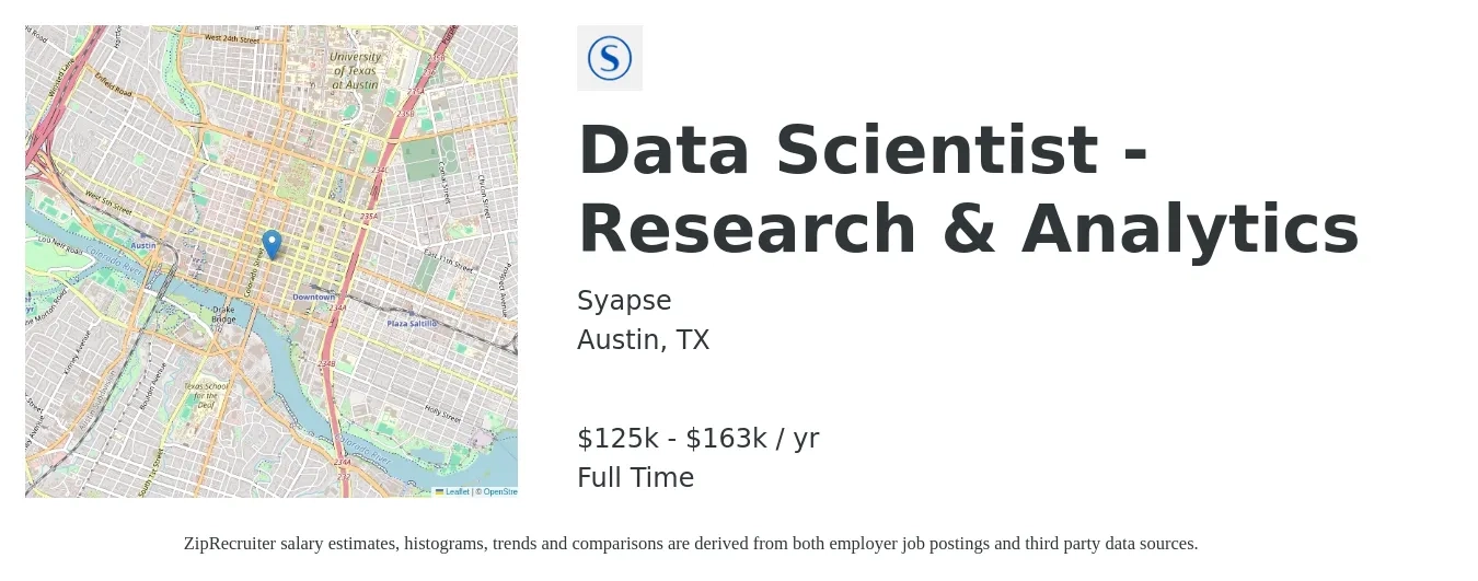 Syapse job posting for a Data Scientist - Research & Analytics in Austin, TX with a salary of $125,000 to $163,000 Yearly with a map of Austin location.