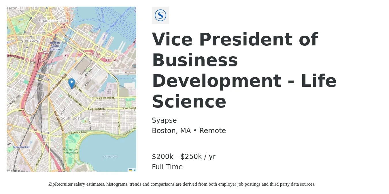 Syapse job posting for a Vice President of Business Development - Life Science in Boston, MA with a salary of $200,000 to $250,000 Yearly with a map of Boston location.