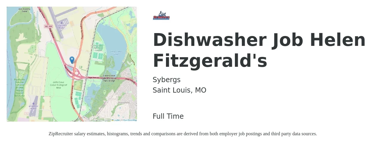Sybergs job posting for a Dishwasher Job Helen Fitzgerald's in Saint Louis, MO with a salary of $12 to $16 Hourly with a map of Saint Louis location.