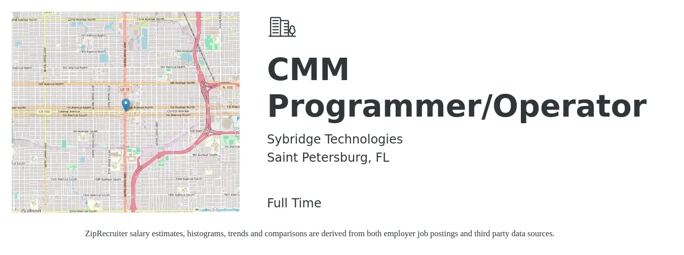 Sybridge Technologies job posting for a CMM Programmer/Operator in Saint Petersburg, FL with a salary of $25 to $34 Hourly with a map of Saint Petersburg location.