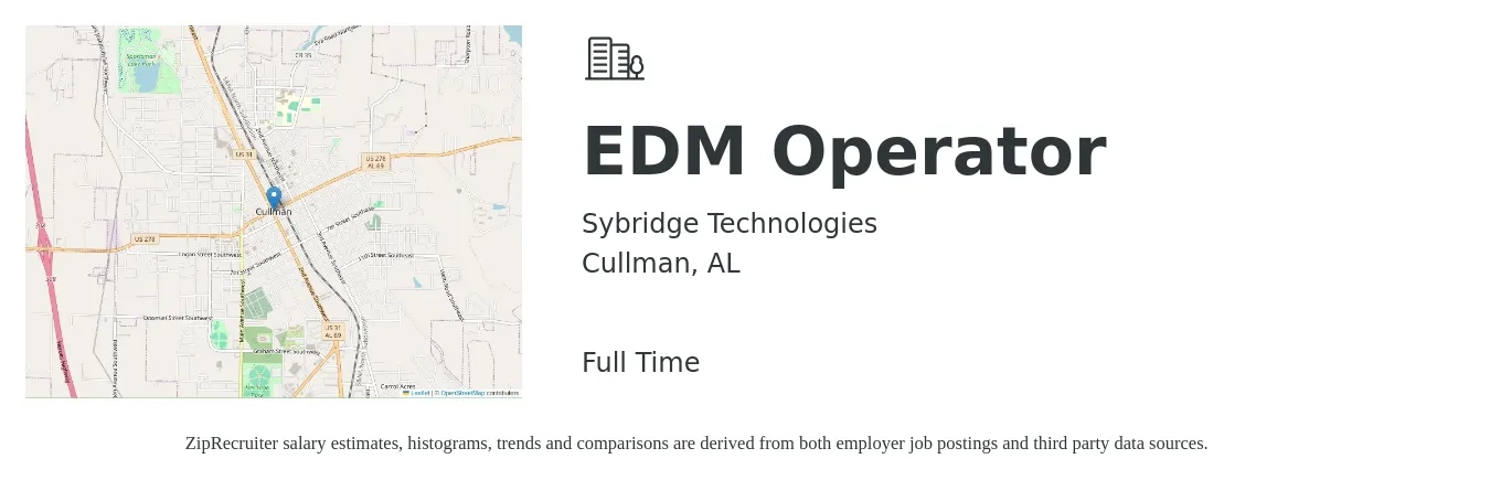Sybridge Technologies job posting for a EDM Operator in Cullman, AL with a salary of $18 to $24 Hourly with a map of Cullman location.