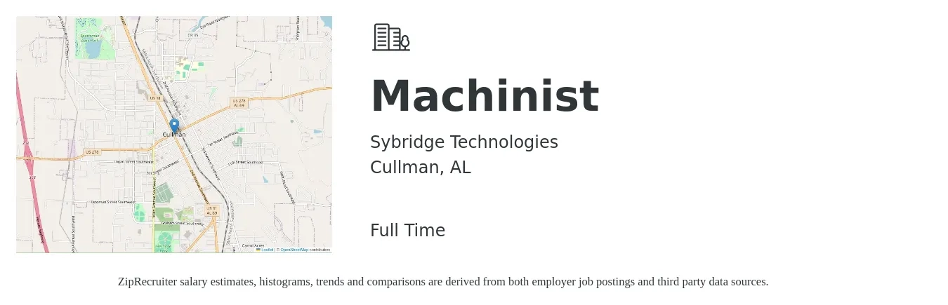 SyBridge Technologies job posting for a Machinist in Cullman, AL with a salary of $18 to $25 Hourly with a map of Cullman location.