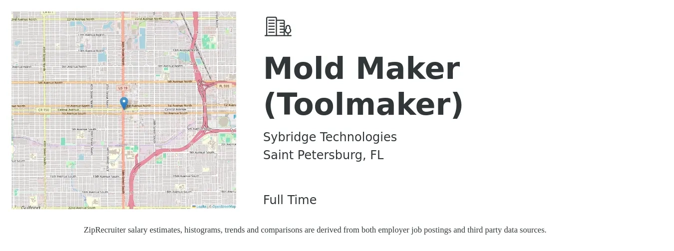 Sybridge Technologies job posting for a Mold Maker (Toolmaker) in Saint Petersburg, FL with a salary of $24 to $31 Hourly with a map of Saint Petersburg location.