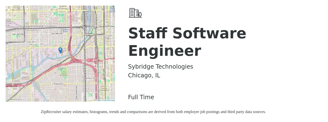 Sybridge Technologies job posting for a Staff Software Engineer in Chicago, IL with a salary of $138,600 to $196,200 Yearly with a map of Chicago location.
