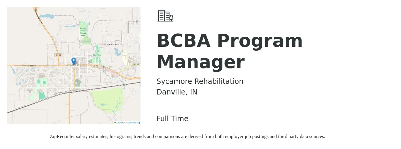 Sycamore Rehabilitation job posting for a BCBA Program Manager in Danville, IN with a salary of $71,700 to $87,700 Yearly with a map of Danville location.