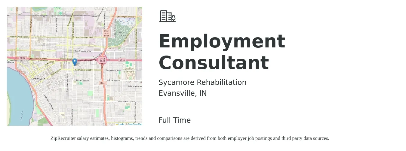 Sycamore Rehabilitation job posting for a Employment Consultant in Evansville, IN with a salary of $17 to $21 Hourly with a map of Evansville location.