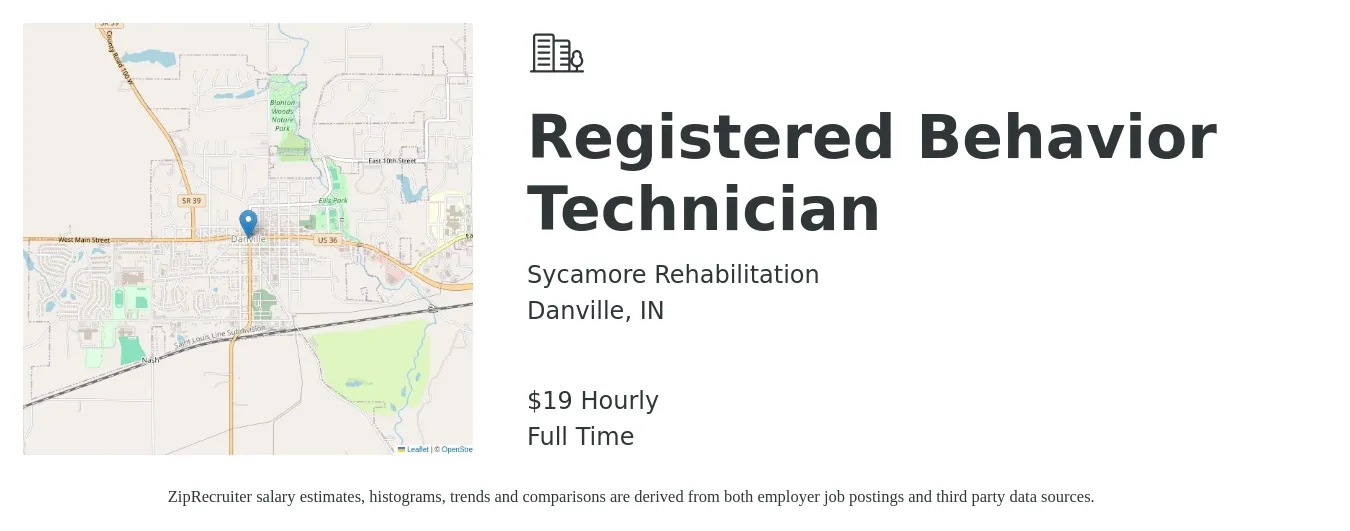 Sycamore Rehabilitation job posting for a Registered Behavior Technician in Danville, IN with a salary of $20 Hourly with a map of Danville location.