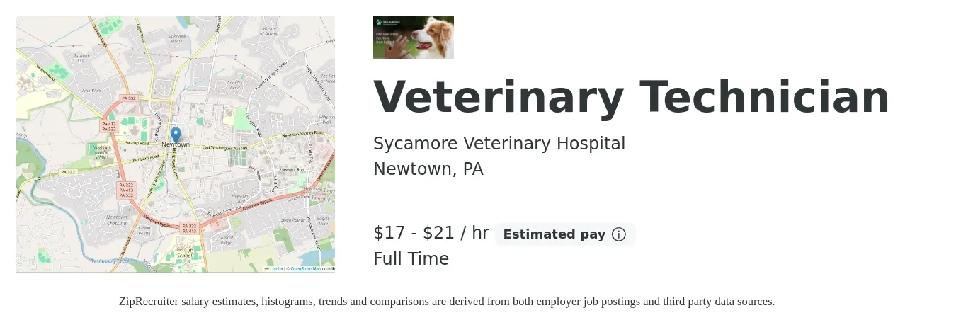 Sycamore Veterinary Hospital job posting for a Veterinary Technician in Newtown, PA with a salary of $18 to $22 Hourly with a map of Newtown location.