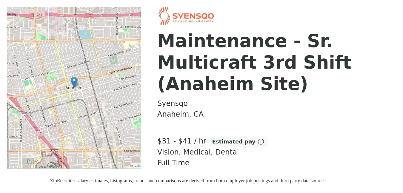 Syensqo job posting for a Maintenance - Sr. Multicraft 3rd Shift (Anaheim Site) in Anaheim, CA with a salary of $33 to $44 Hourly and benefits including retirement, vision, dental, life_insurance, and medical with a map of Anaheim location.