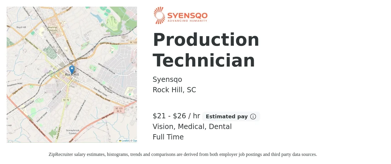 Syensqo job posting for a Production Technician in Rock Hill, SC with a salary of $22 to $27 Hourly and benefits including retirement, vision, dental, life_insurance, and medical with a map of Rock Hill location.