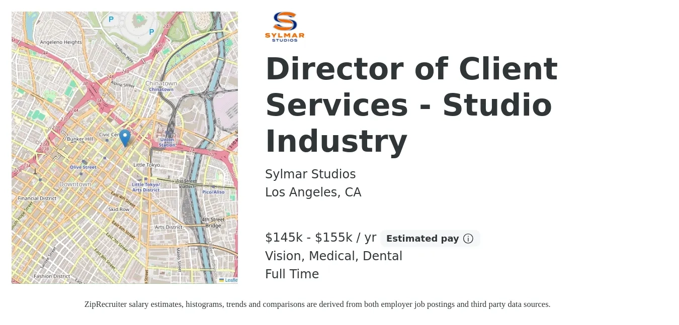 Sylmar Studios job posting for a Director of Client Services - Studio Industry in Los Angeles, CA with a salary of $145,000 to $155,000 Yearly and benefits including dental, life_insurance, medical, pto, retirement, and vision with a map of Los Angeles location.
