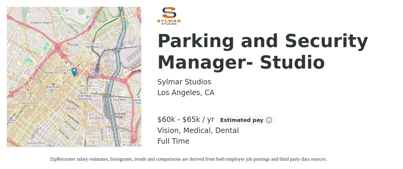 Sylmar Studios job posting for a Parking and Security Manager- Studio in Los Angeles, CA with a salary of $60,000 to $65,000 Yearly and benefits including dental, life_insurance, medical, pto, retirement, and vision with a map of Los Angeles location.