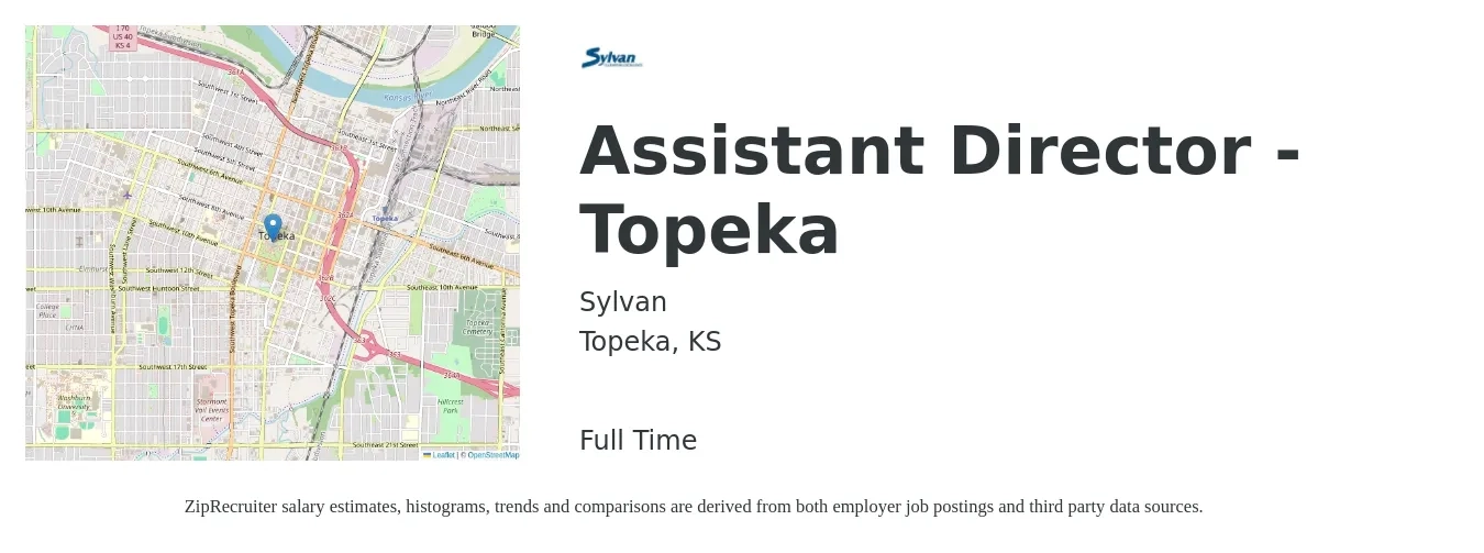 Sylvan job posting for a Assistant Director - Topeka in Topeka, KS with a salary of $41,900 to $84,200 Yearly with a map of Topeka location.