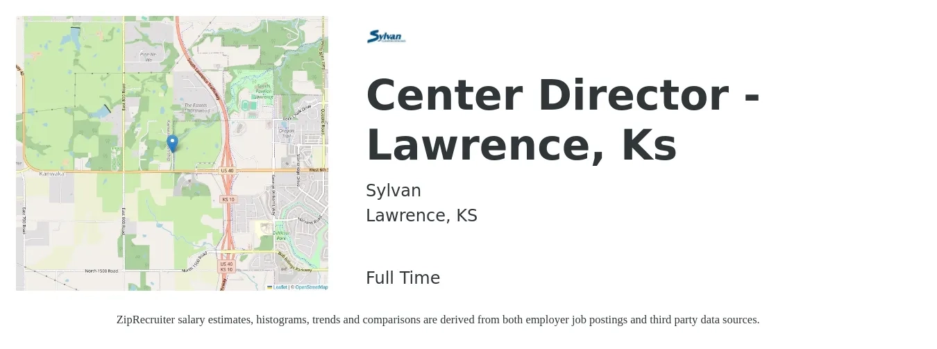 Sylvan job posting for a Center Director - Lawrence, Ks in Lawrence, KS with a salary of $48,100 to $81,600 Yearly with a map of Lawrence location.